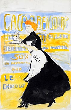 Edouard Morerod, peintre: Projet d’affiche pour le Cacao Bensdorp, encre de Chine, gouache et crayon.