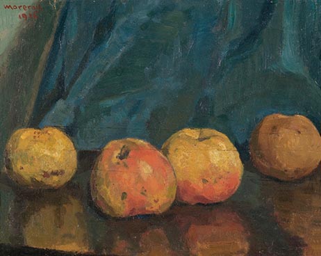 Edouard Morerod, peintre: nature morte aux pommes, huile sur carton.